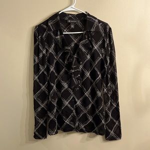 - I-N-C fitted stretchy black and cream blouse, front ruffle, small button…